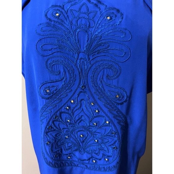 Anthropologie TIBI Dress Cobalt Blue 8 Silk Beaded Shift Short Sleeve V Back - Picture 9 of 10